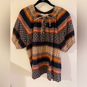 LOFT Tie Neck Peasant-Style Top, Size Large, Multi-Color